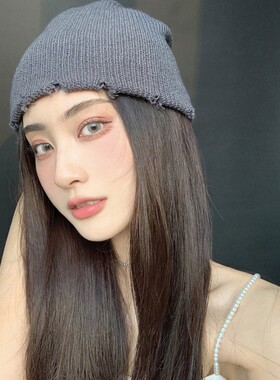 灰色气质破洞ins风毛线帽子