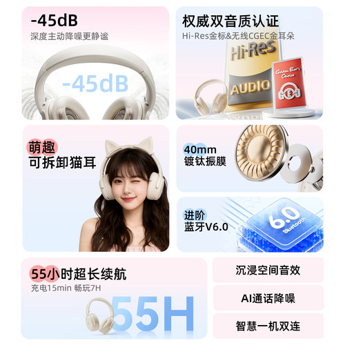 漫步者MT6PRO猫耳款头戴式耳机主动降噪蓝牙游戏有线无线通用女生 - 图3