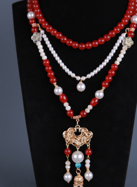 古装长款璎珞背云明制原创古风汉服长璎珞项链复古脖饰配饰红色