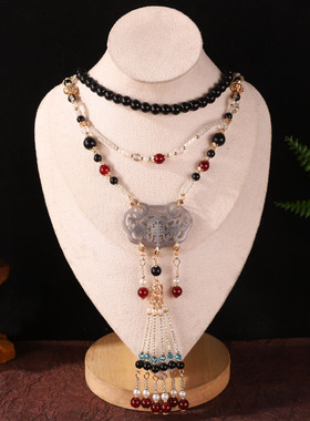 仿玉佩项链新中式黑色流苏