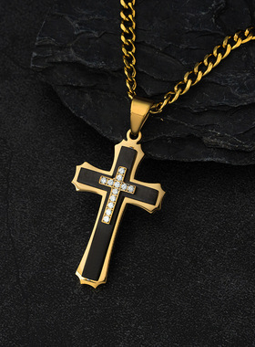 双层立体镶钻十字架吊坠朋克潮男钛钢项链毛衣链配饰