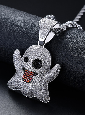 幽灵吐舌头搞怪表情嘻哈吊坠街头潮人满锆石项链嘻哈饰品