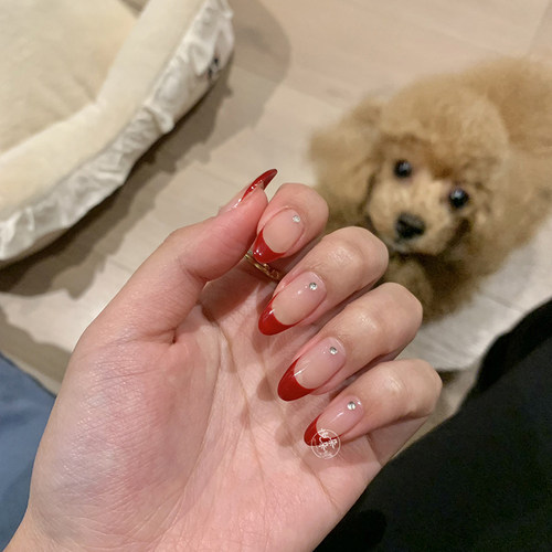 穿戴甲中长款高级显白红色法式水钻简约性感新娘婚甲新年美甲贴片 - 图1