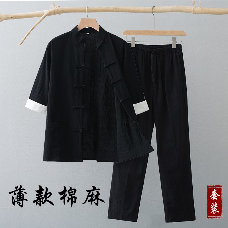 夏季薄款短袖男唐装男七分袖套装中式复古风中袖两件套中国风茶服 - 图1