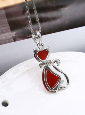 品牌纯银小猫吊坠礼物玛瑙