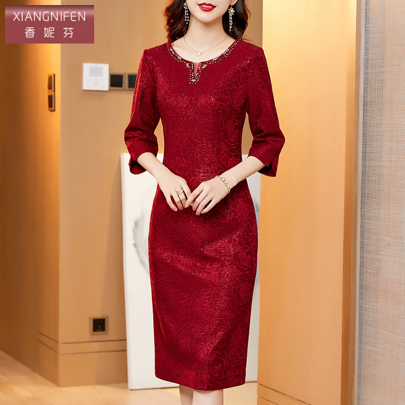 香妮芬刺绣钉珠高端奢华妈妈连衣裙 香妮芬连衣裙