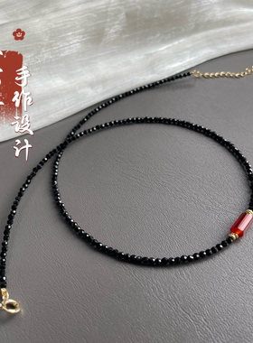 超细闪款锁骨链2mm黑尖晶石项链红玛瑙圆桶珠女款串珠颈饰叠戴链