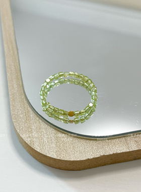 天然橄榄石绿水晶方糖戒指女轻奢简约金珠指环 纯银小方块个性