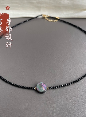 天然深海珍珠炫彩贝母圆珠扁片黑尖晶锁骨链女超子炫彩颈链少女款