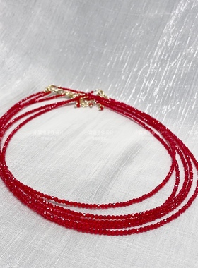 24年本命年红色系尖晶石水晶锁骨链 2mm极细女好看项链 进口14k