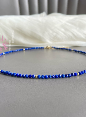 极细天然青金石项链女3m小众串珠超闪叠戴蓝色水晶锁骨链高级感