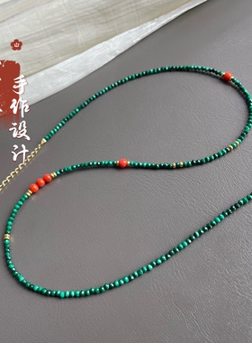 天然保山柿子红南红绿色孔雀石锁骨链刻面14k镀金项链女轻奢高级