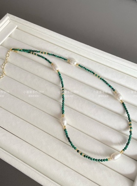 复古s925纯银天然孔雀石珍珠项链小众气质锁骨链 抖音同款绿光