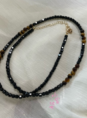 天然石原创轻松扣黑尖晶项链小方块虎眼石锁骨链时尚基础闪链百搭