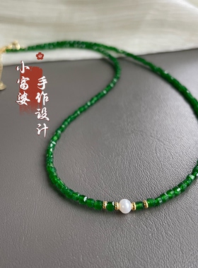 天然淡水珍珠项链 超显白祖母绿色方糖女款锁骨链老烧色显白高级