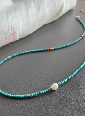 极细天然淡水珍珠孔雀石仿绿松石串珠项链女高级感小众锁骨链配饰
