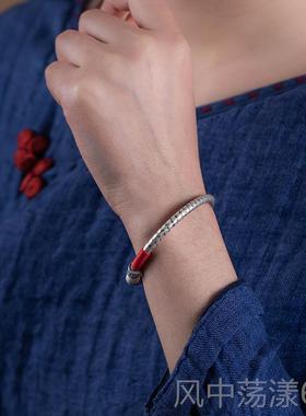 正品大堂纯银心经手镯女本开善口实心足银命年绳好运镯子红复古文