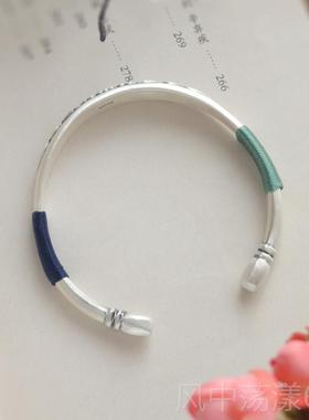 正品丹花纯银手镯女心999足实银镯子开口覆古哑牡光民族风送妈妈