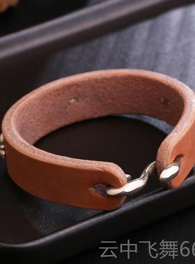 正品宽版手工格皮枥木鞍革25银菊花钉覆古高桥吾真郎风皮手环9手