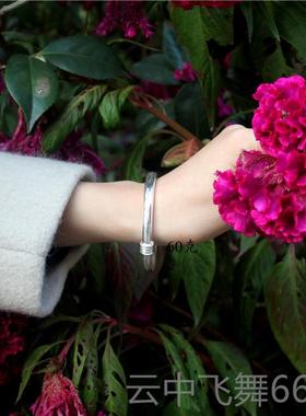 正品纯打手工磨银手镯足银99镯9纯银女典经实心子光面圆条伸缩推