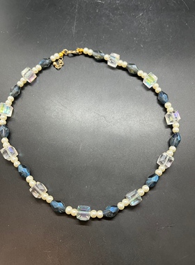 白色琉璃珍珠捷克水晶珠短款项链方糖水晶蓝色长度45厘米左右