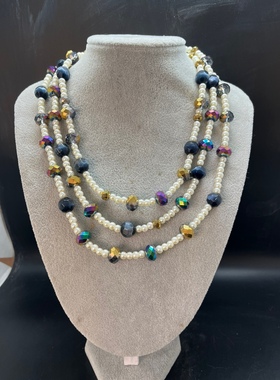 白色琉璃珍珠三层短款项链炫彩捷克水晶珠猫眼石 长度45+50+55
