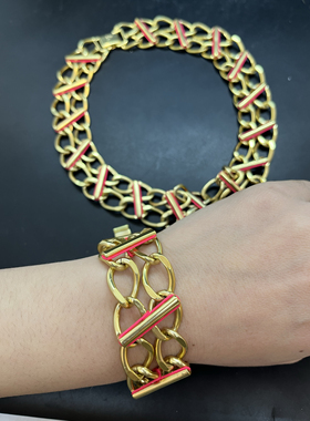 设计师品牌Sam eledman金色宽版短款项链手链一套粉色线个性时尚