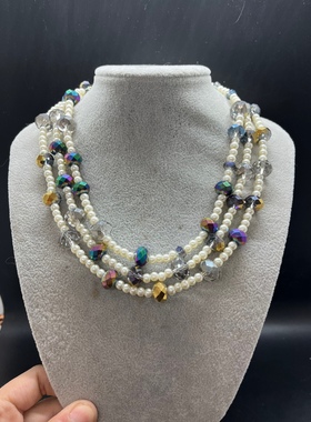 白色琉璃珍珠短款多层项链炫彩捷克水晶复古扣头