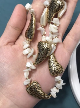 Vintage复古花纹合金象牙色树脂不规则双层短款项链 保存品