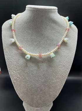 白色琉璃珍珠项链幻彩铃兰粉色捷克水晶 长度45厘米左右