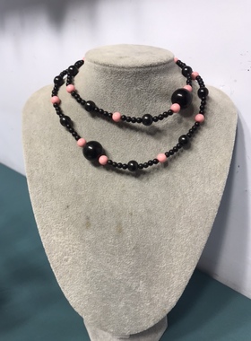 Vintage黑色粉色树脂珠简约时尚长款项链 保存品