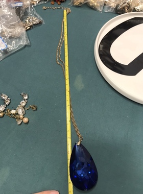 复古超大蓝色莱茵石长款水滴项链 3664