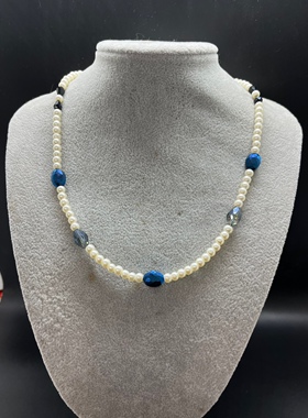 白色琉璃珍珠项链不规则蓝色捷克水晶 实物比图片好看