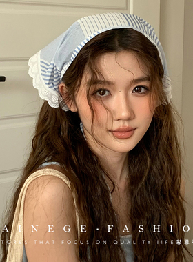蓝色格子蕾丝头巾女三角巾