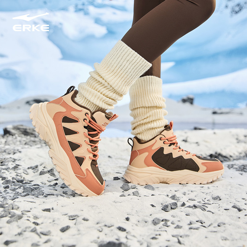 鸿星尔克女鞋休闲鞋炽野皮面厚底中高帮加绒棉鞋增高老爹鞋运动鞋,淘宝优惠券,粉丝福利购,淘宝优惠卷