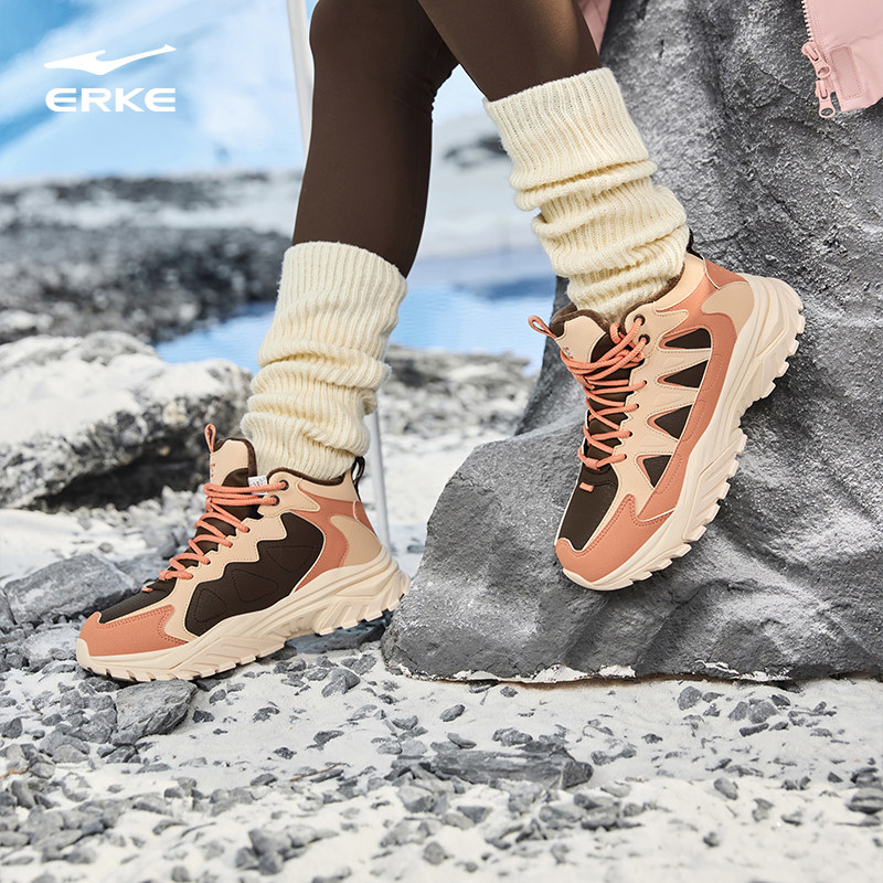 鸿星尔克女鞋休闲鞋炽野皮面厚底中高帮加绒棉鞋增高老爹鞋运动鞋,淘宝优惠券,粉丝福利购,淘宝优惠卷