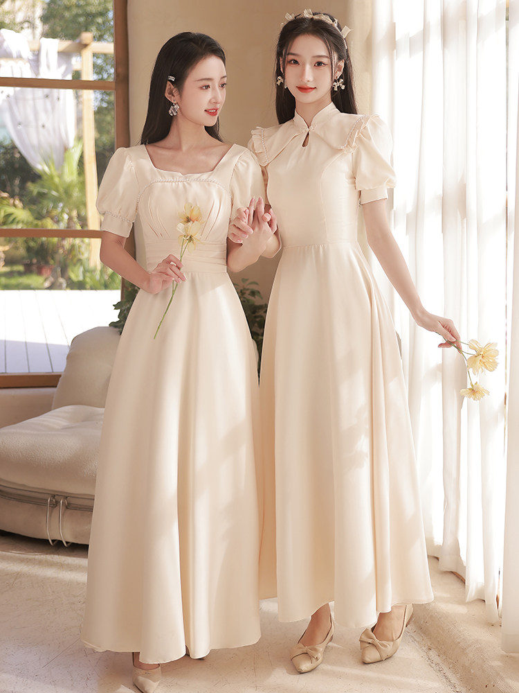 香槟色伴娘服2024年新款缎面姐妹团礼服裙女高级小众平时可穿夏季