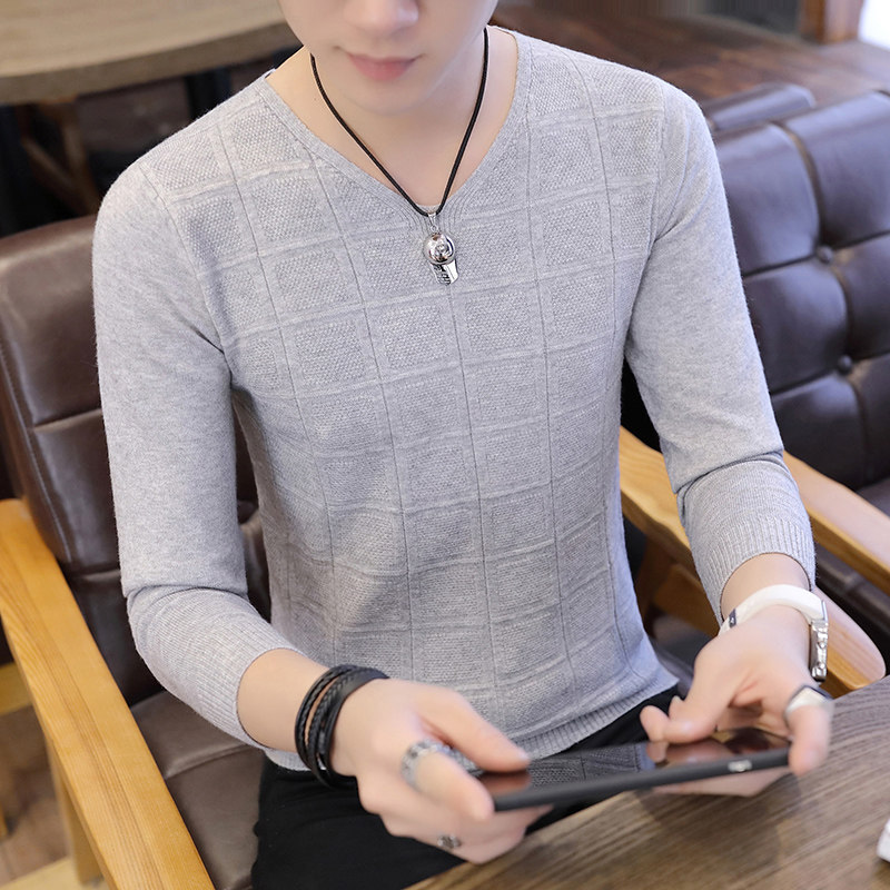 秋季新款男士薄款t恤V领卫衣长袖毛衣H男冰丝秋衣小衫体恤上衣服