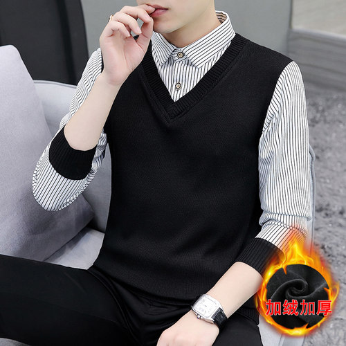 假两件长袖衬衫领毛衣男春秋冬季韩版潮流加绒加厚保暖针织打底衫 - 图3