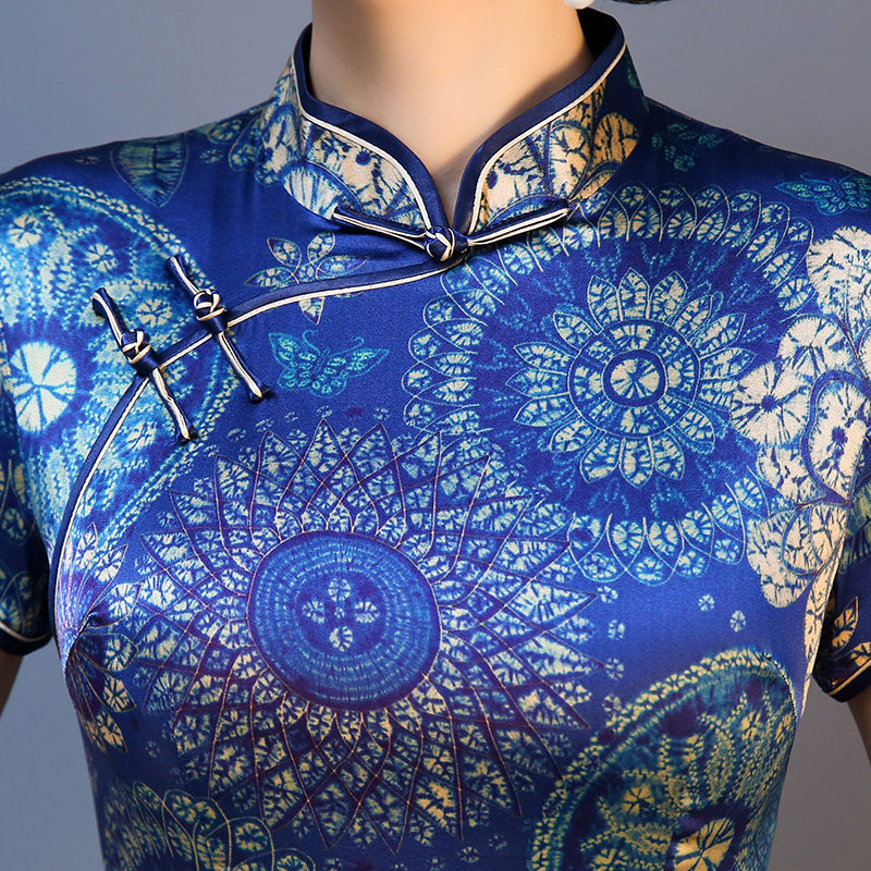 青花瓷蓝色真丝旗袍妈妈蚕丝连衣裙 美舒饰旗袍