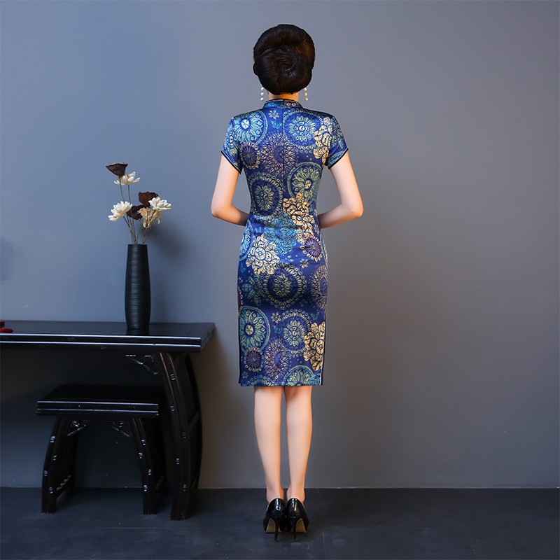 青花瓷蓝色真丝旗袍妈妈蚕丝连衣裙 美舒饰旗袍