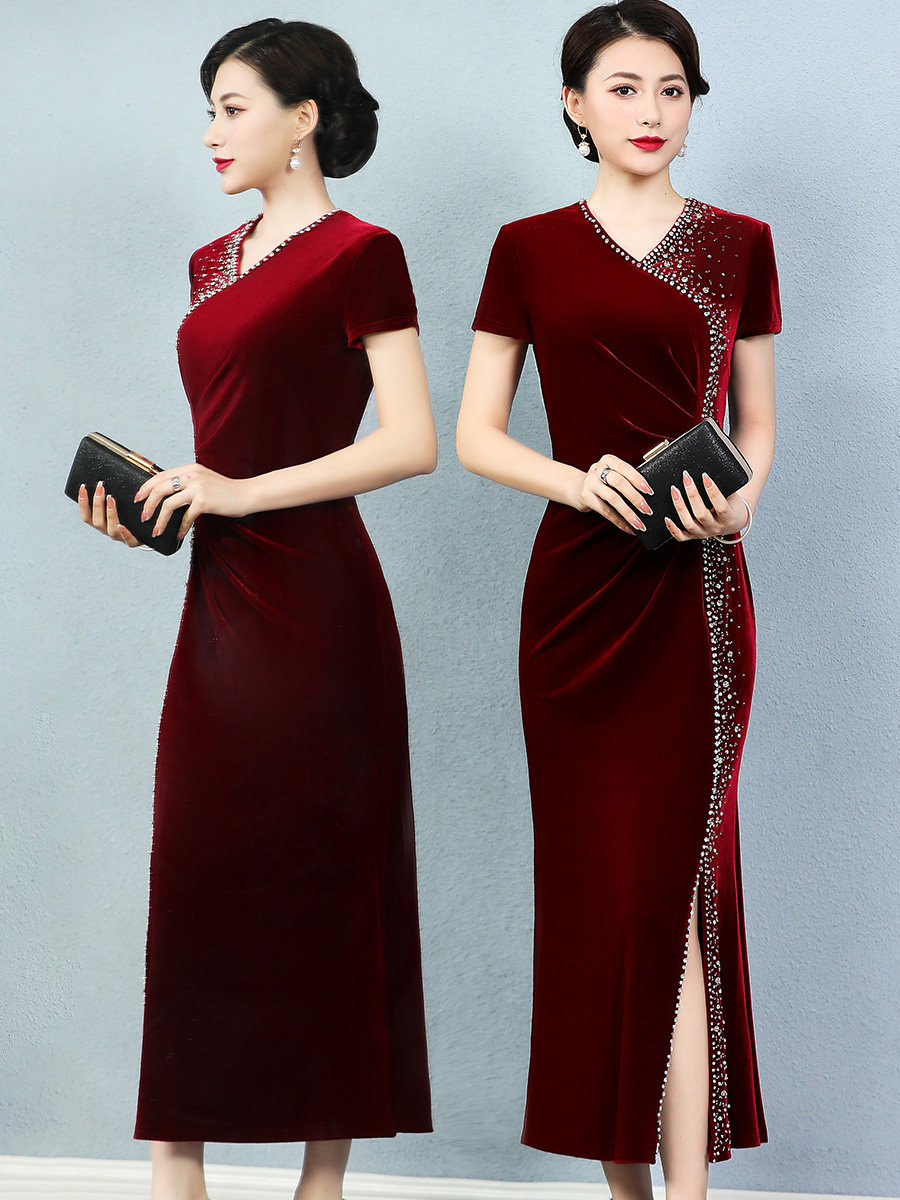 年轻婚庆婆婆婚宴金丝绒旗袍连衣裙 美舒饰中老年女装