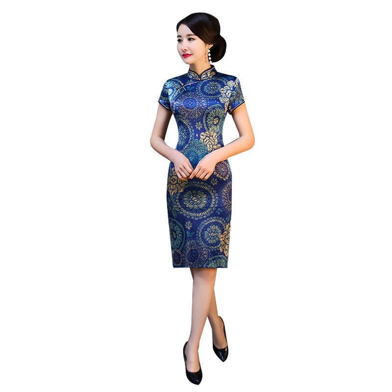 青花瓷蓝色真丝旗袍妈妈蚕丝连衣裙 美舒饰旗袍