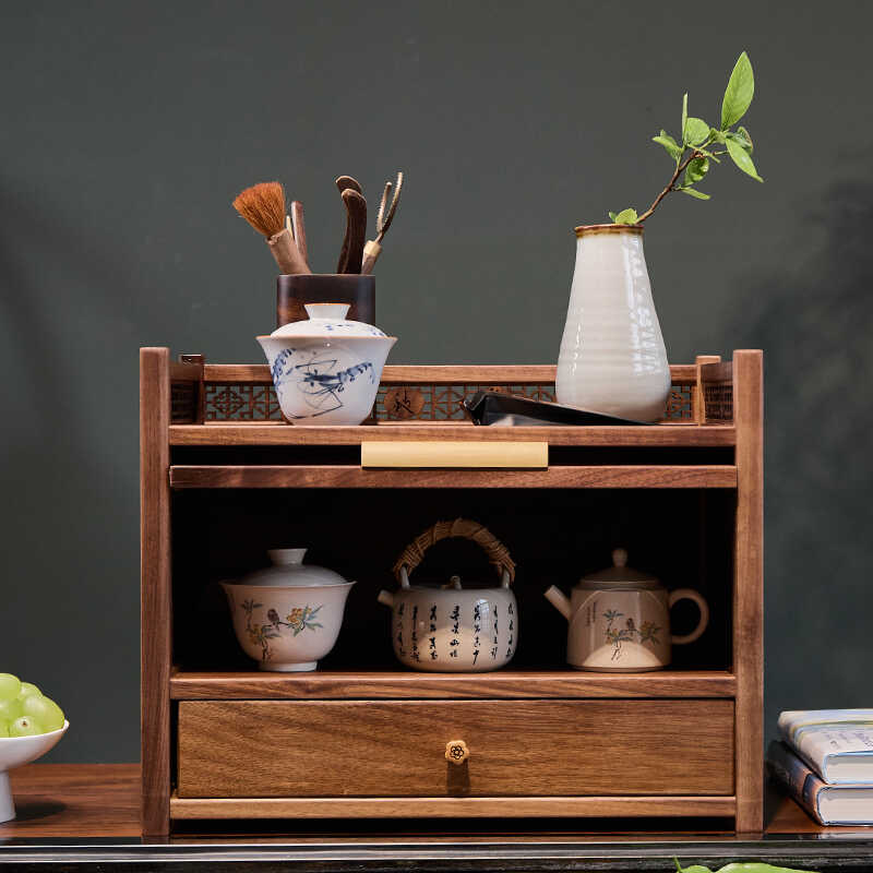 北美黑胡桃木茶具收纳架双层博古架带抽屉中式实木紫砂茶壶置物架 - 图1