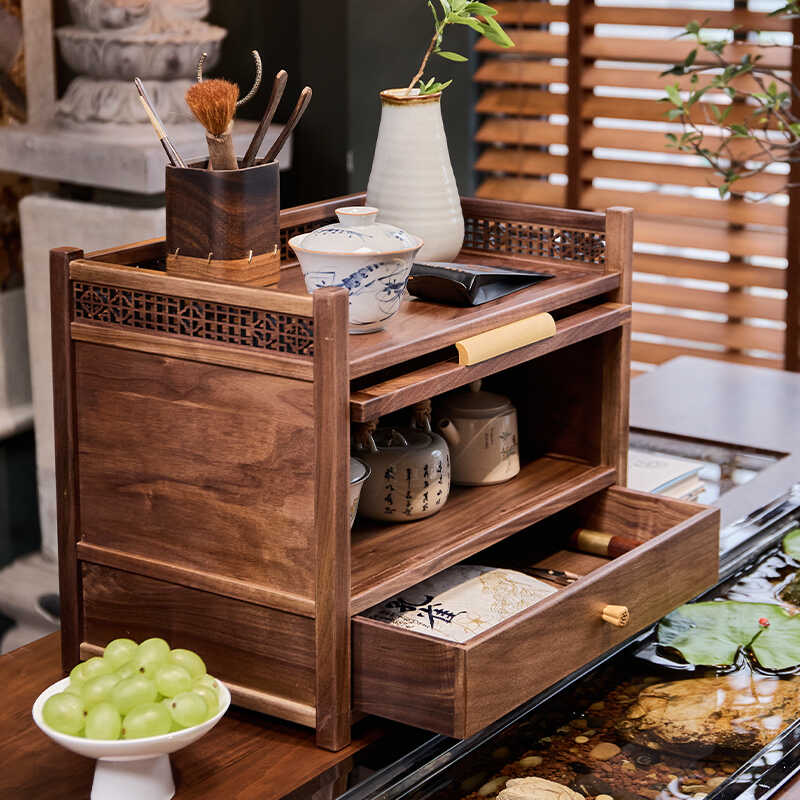 北美黑胡桃木茶具收纳架双层博古架带抽屉中式实木紫砂茶壶置物架 - 图3
