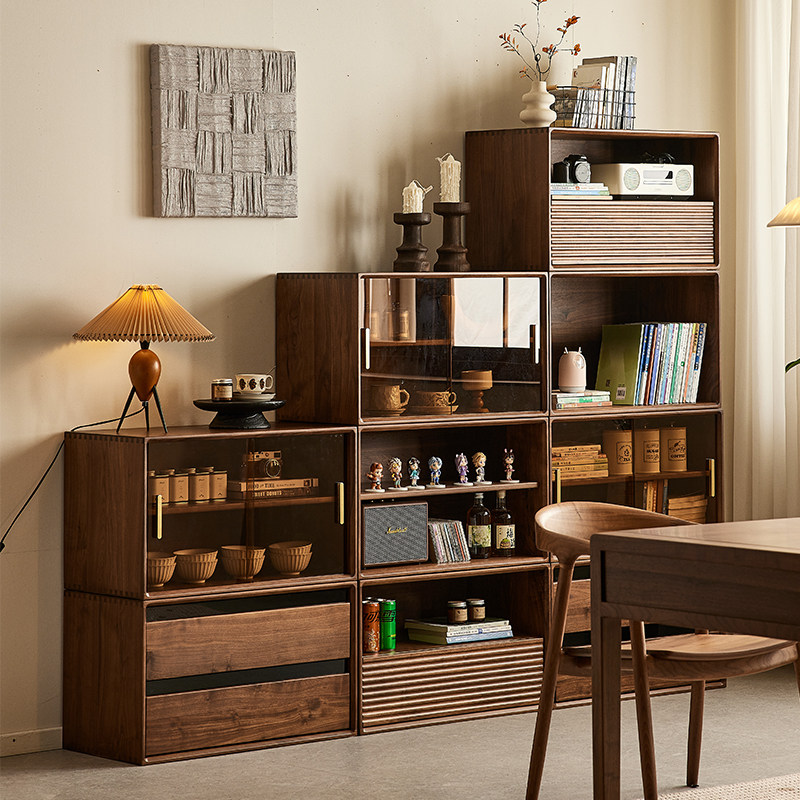 yamoo北美黑胡桃木实木书柜客厅储物模块柜家用自由组合收纳柜,淘宝优惠券,粉丝福利购,淘宝优惠卷