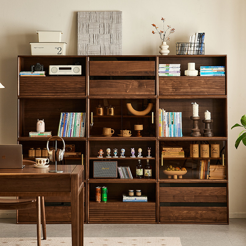 yamoo北美黑胡桃木实木书柜客厅储物模块柜家用自由组合收纳柜,淘宝优惠券,粉丝福利购,淘宝优惠卷