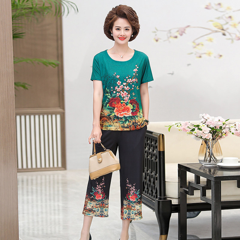 妈妈装中老年女装夏装短袖夏季上衣 纯欧兰中老年女装