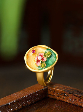 复古宫廷风珐琅滴釉彩绘花朵戒指