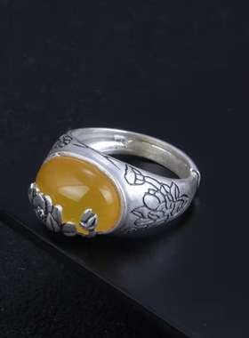 古风仿真黄玉髓莲花戒指女s925银哑光雕刻做旧复古指环古装食指戒